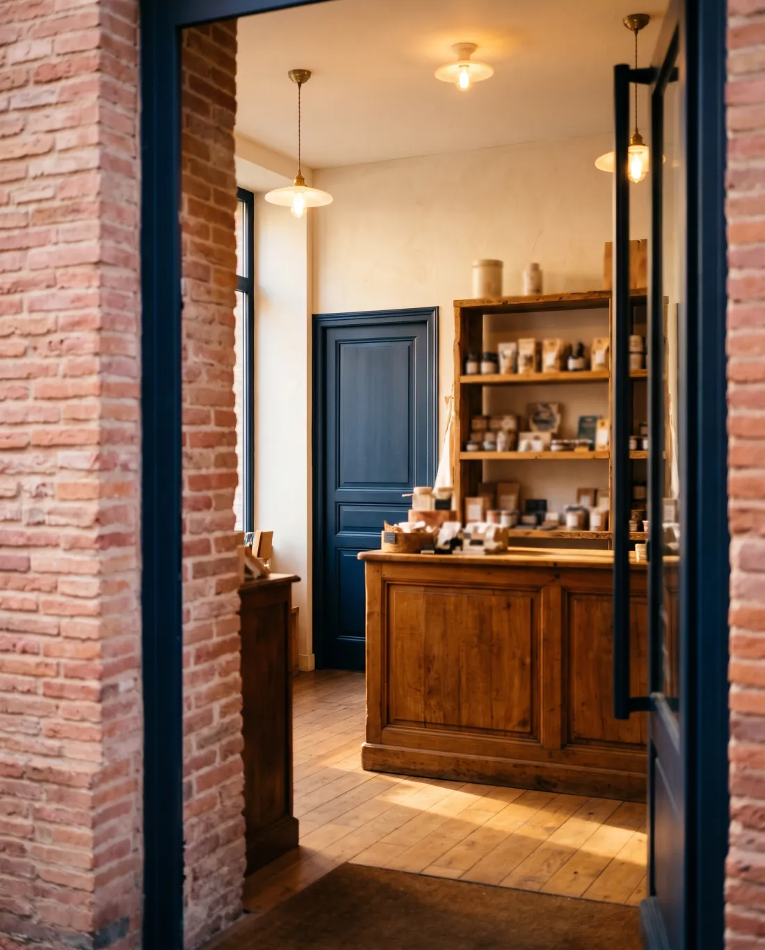 L'intérieur chaleureux d'une petite boutique vu depuis le seuil : murs de brique, comptoir en bois, lumière dorée