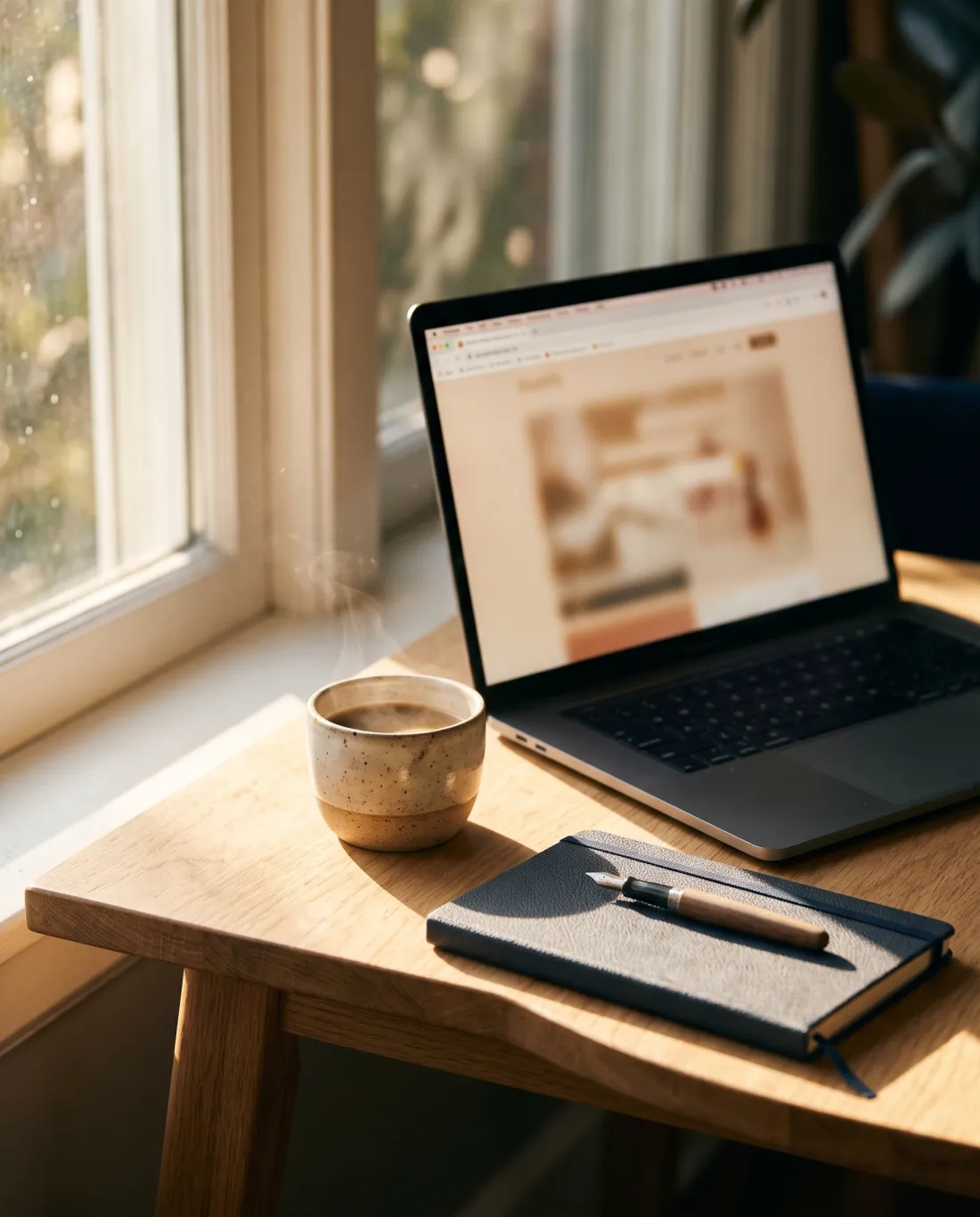 Un bureau en bois baigné de lumière du matin : ordinateur portable ouvert sur une page web, tasse de café, carnet et stylo-plume
